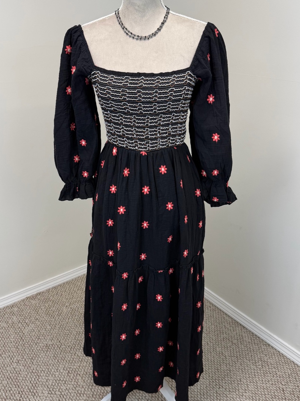 Free People Dahlia Embroidered Maxi Dress S /M Tiered Smocked Black Combo Boho - Picture 4 of 15